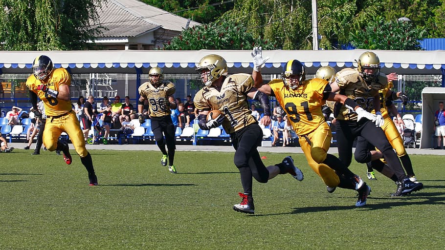 men playing football at stadium, clothing, helmet, apparel, person HD wallpaper