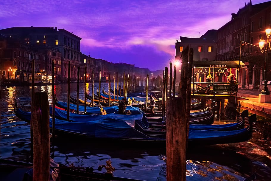 gondolas pn water, architecture, boats, buildings, canal, canal grande HD wallpaper