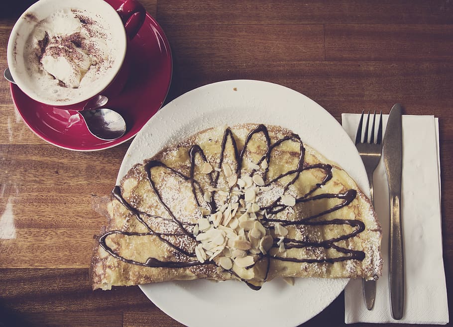 hot chocolate, spoon, fork, knive, pancake, ice cream, ceramic plate HD wallpaper