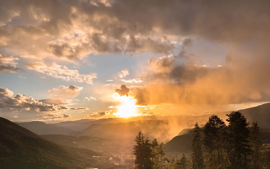 sunset, snow showers, light, clouds, sky, nature, landscape HD wallpaper