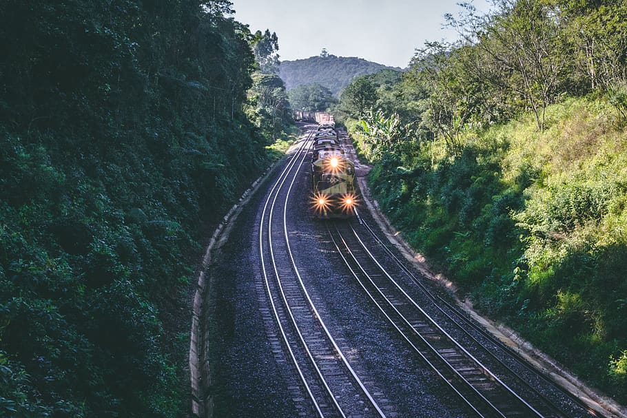 train running on railway between green trees, transportation HD wallpaper