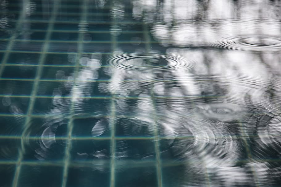 rain, drops, fall, pool, blue, rippled, concentric, full frame HD wallpaper