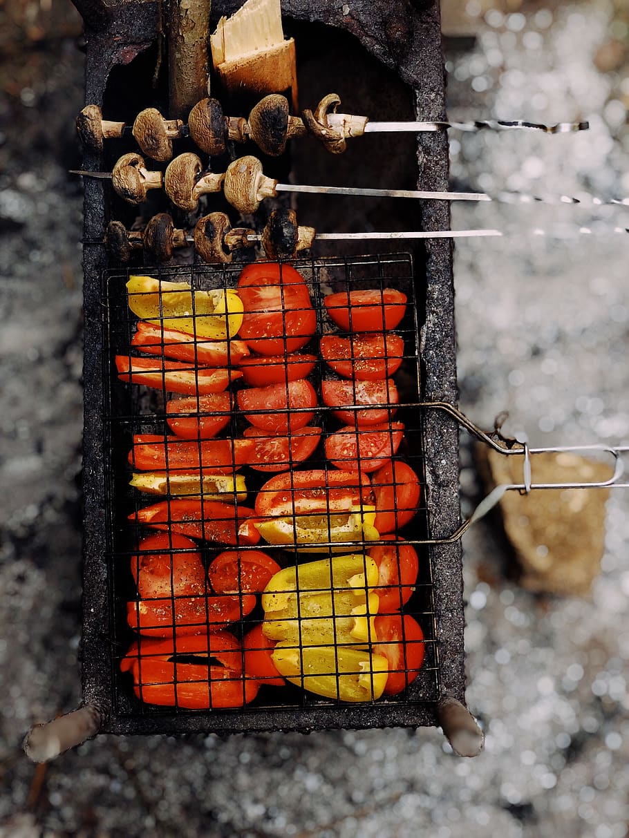 Orange and Red Tomatoes, barbecue, burn, charcoal, corn, dinner HD wallpaper