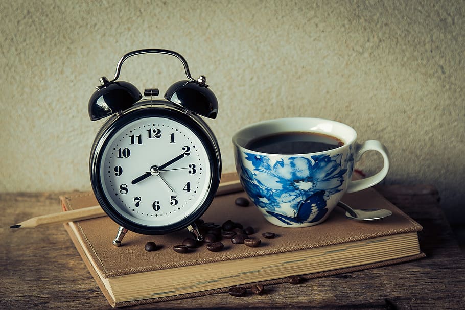 Round Black Analog Table Alarm Clock, black coffee, caffeine, HD wallpaper
