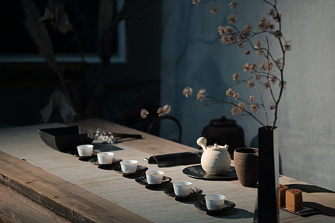 white flowers on black ceramic vase, tea, pot, drink, row, plate HD wallpaper