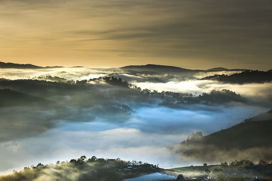 Smokey Covered Mountain, clouds, cloudscape, dawn, dramatic, dusk HD wallpaper