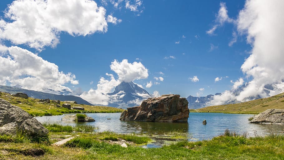landscape, lake, mountains, sky, matterhorn, water, cloud - sky HD wallpaper