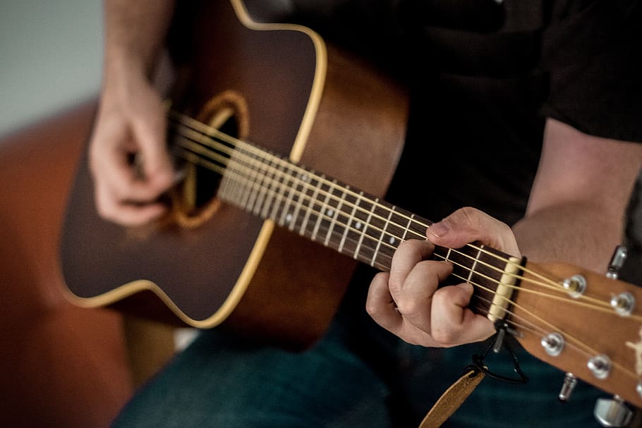 Person Playing Brown Guitar, bowed stringed instrument, chord HD wallpaper