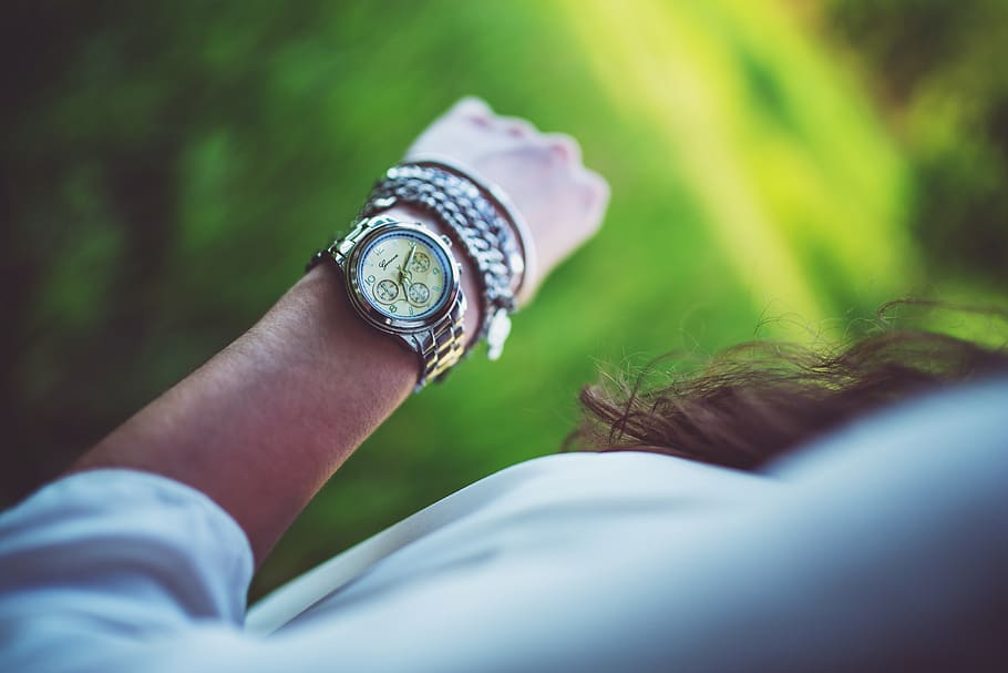Silver watch on the girl's arm, hand, past, time, woman, wristwatch HD wallpaper