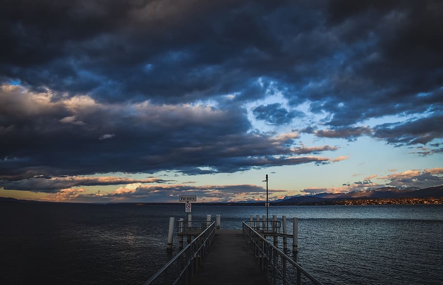 sky, clouds, lake, pontoon, landing, twilight evening, landscape HD wallpaper