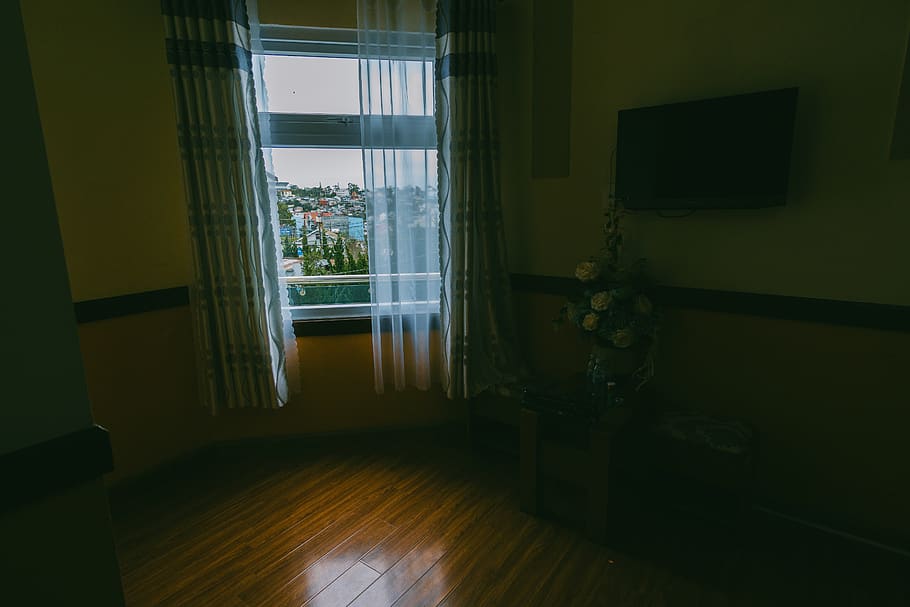 Living Room With Window Curtains Opened, architecture, clean HD wallpaper