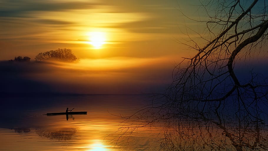 Man Riding Boat during Sunset, backlit, dawn, evening, fog, foggy HD wallpaper