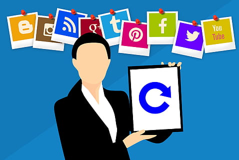 Illustration of man holding mobile device with social media icons. HD wallpaper
