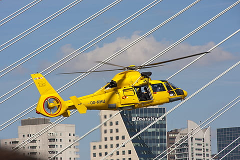 yellow helicopter, transportation, vehicle, aircraft, rotterdam HD wallpaper