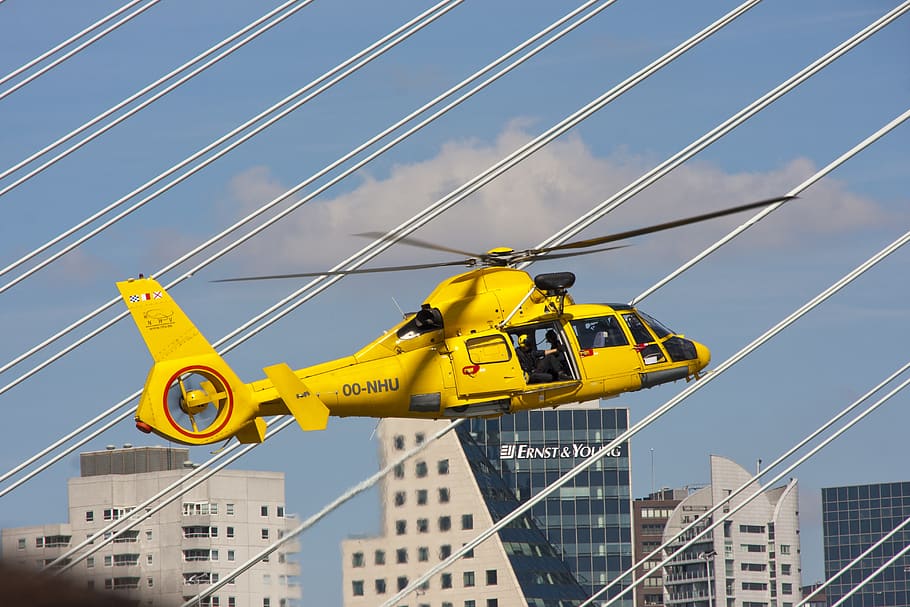 yellow helicopter, transportation, vehicle, aircraft, rotterdam HD wallpaper