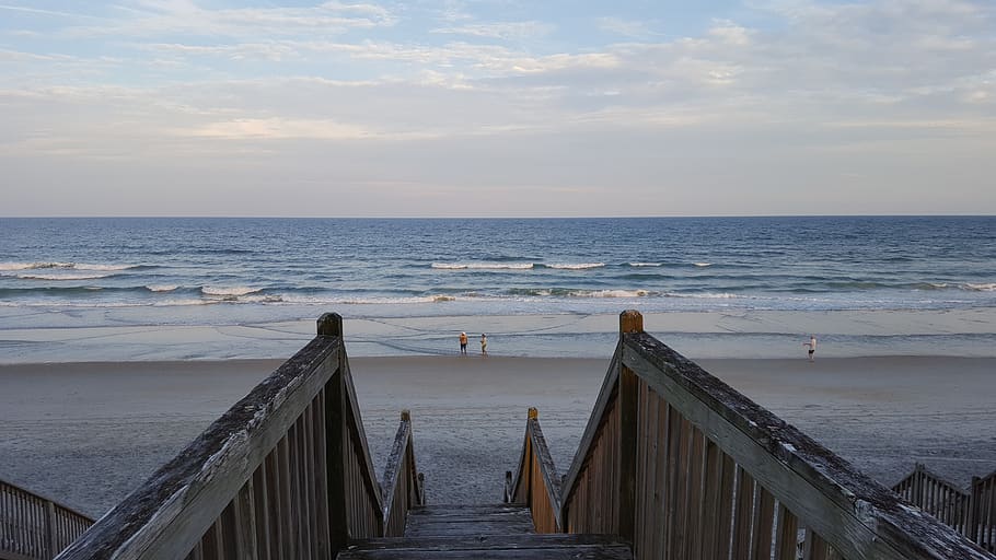 Gray Wooden Stairs Near Seashore With Waves, beach, boardwalk HD wallpaper