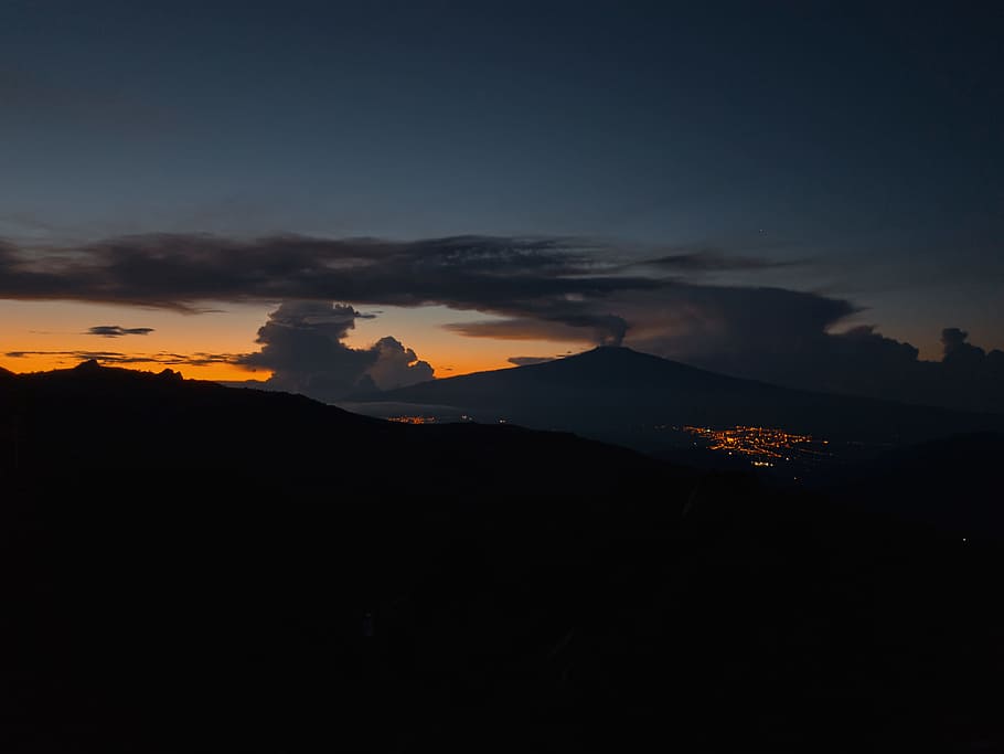 silhouette of mountain during sunset, sunrise, orange, night HD wallpaper