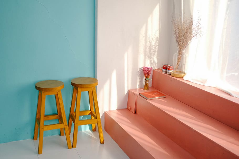 two yellow wooden bar stools, seat, chair, indoors, table, furniture HD wallpaper