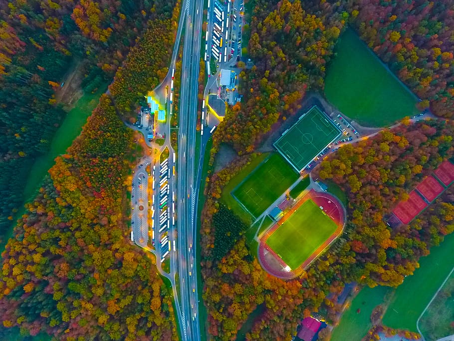 aerial, view, autumn, fall, trees, plant, nature, green, field HD wallpaper