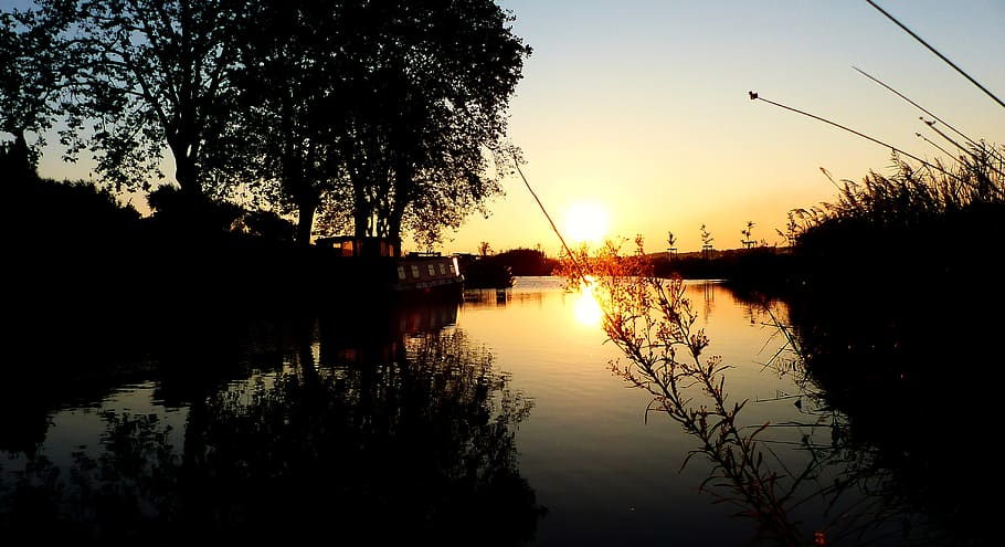 sunrise, canal du midi, peniche, reflection, sky, nature, architecture, HD wallpaper