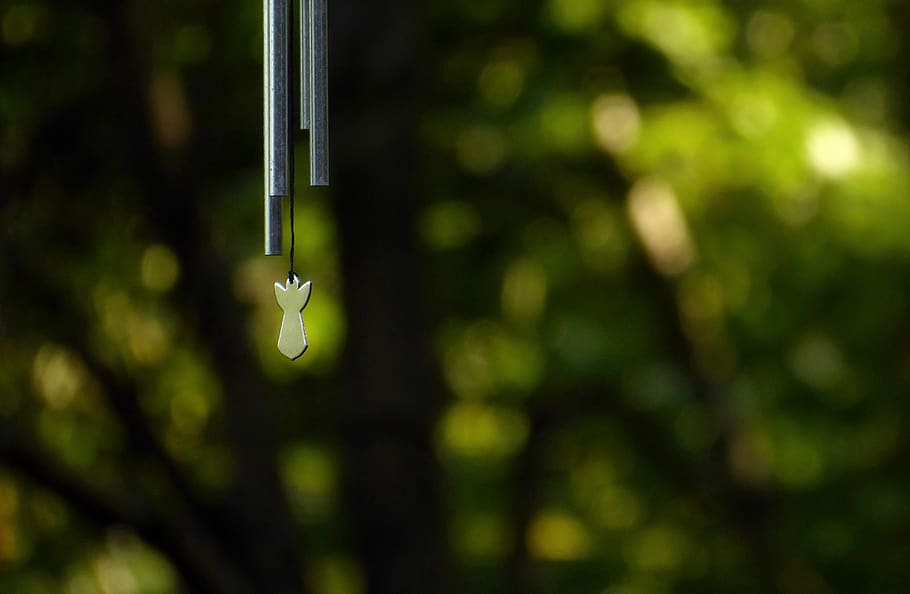 angel, garden, wind, chime, metal, music, close-up, drop, nature