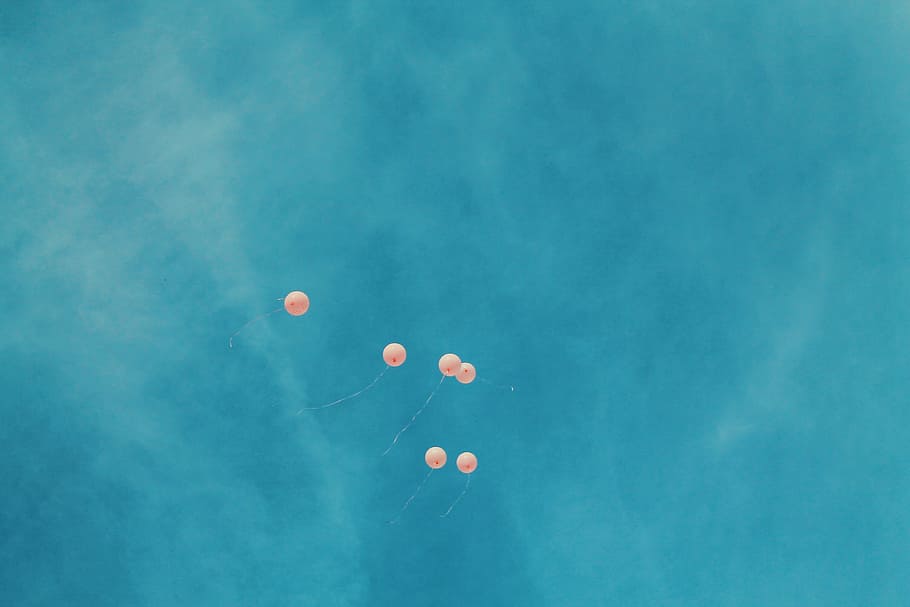 low angle view of six orange balloons during blue sky, cloud HD wallpaper