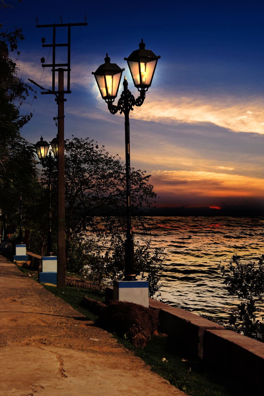 sunset, lamp post, sea, street light, lighting equipment, sky HD wallpaper