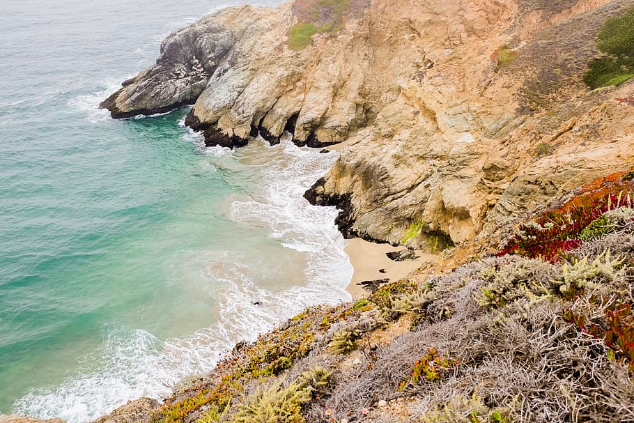 beach, sea, ocean, waves, rocks, water, cliff, coast, rocky HD wallpaper