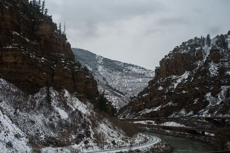 trees, snow, forrest, canyon, road, railroad, cold temperature HD wallpaper