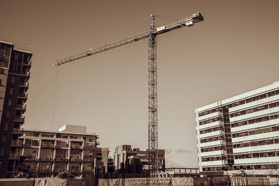 crane, construction, sepia, buildings, victoria, bc, british columbia HD wallpaper