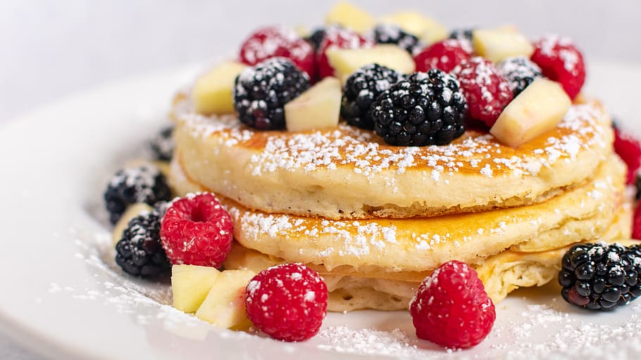 pancake with raspberries, plant, raspberry, fruit, food, bread HD wallpaper