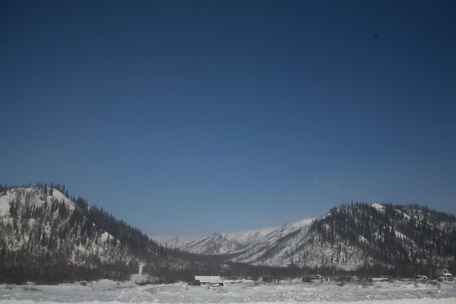 canada, reindeer station, winter, snow, landscape, hills, mountains