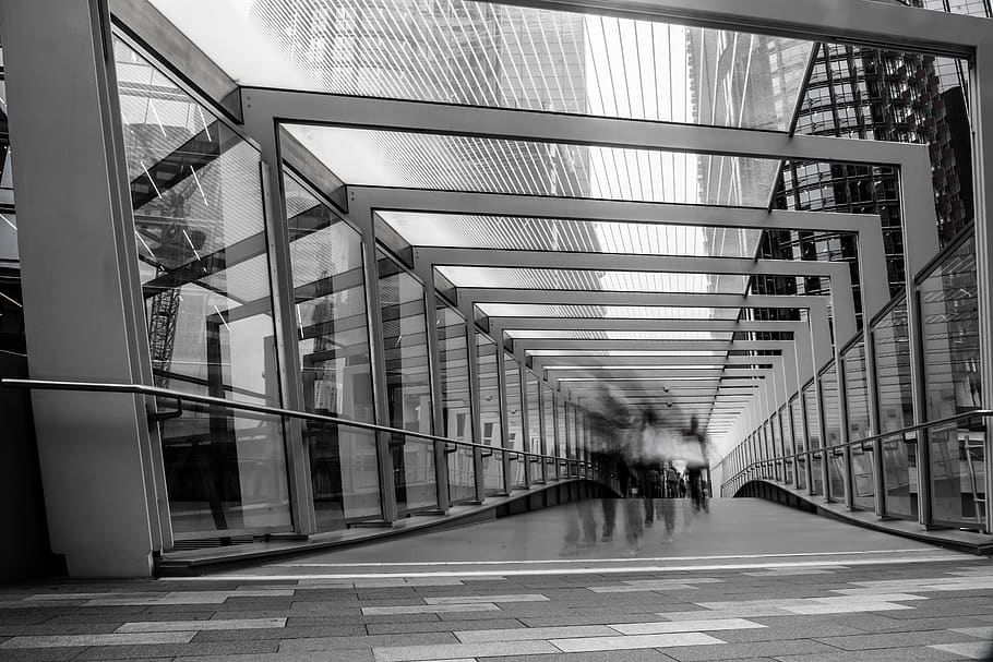 people inside glass panel building, banister, handrail, architecture HD wallpaper