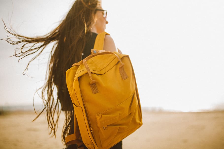 yellow, backpack, bag, people, girl, woman, travel, one person HD wallpaper
