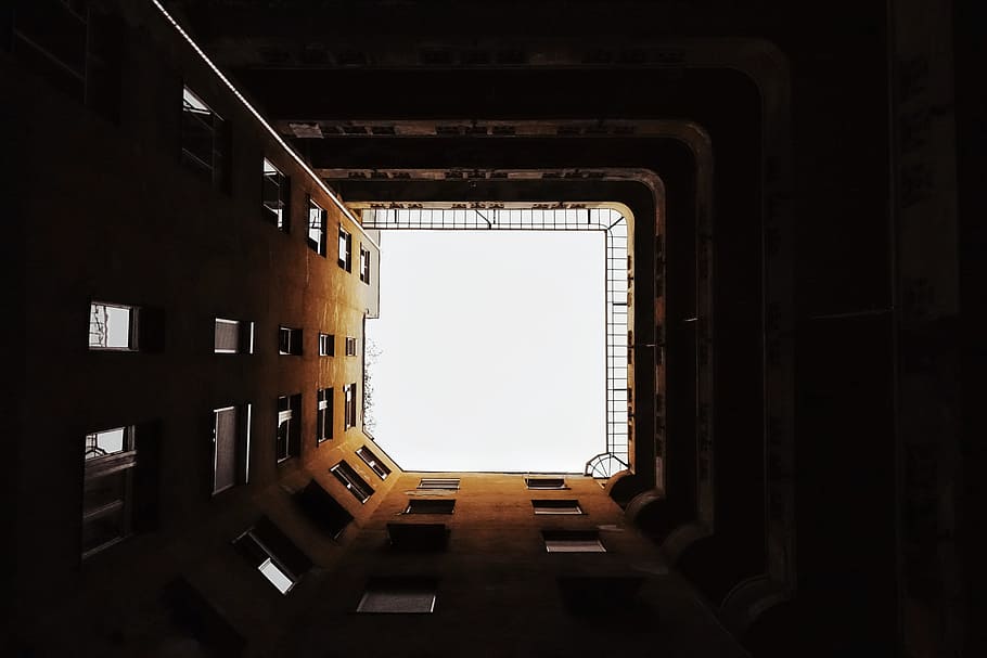 worm view photography of buildings, window, urban, dark, looking up, HD wallpaper