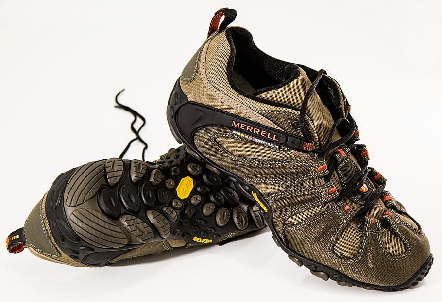 Brown and Black Merrell Hiking Shoes, activity, advrtising, brand HD wallpaper