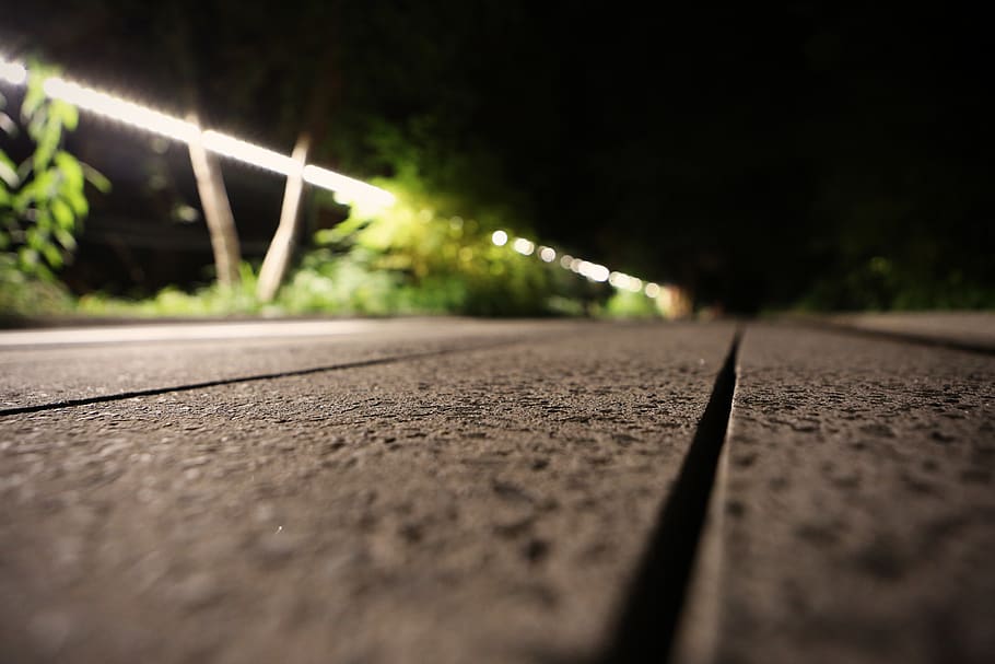 night, dark, ground, concrete, walkway, path, lights, selective focus HD wallpaper
