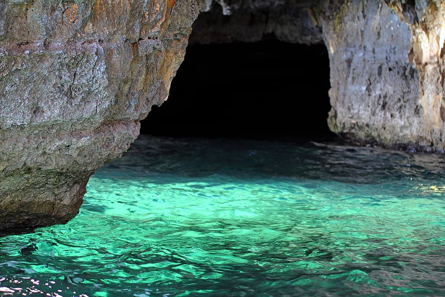 Body of Water in Cave, daylight, green, landscape, limestone HD wallpaper