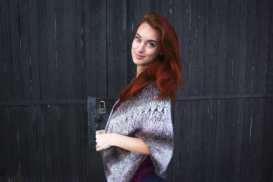 Woman Wearing Grey Printed Poncho Posing for Photo, adult, attractive