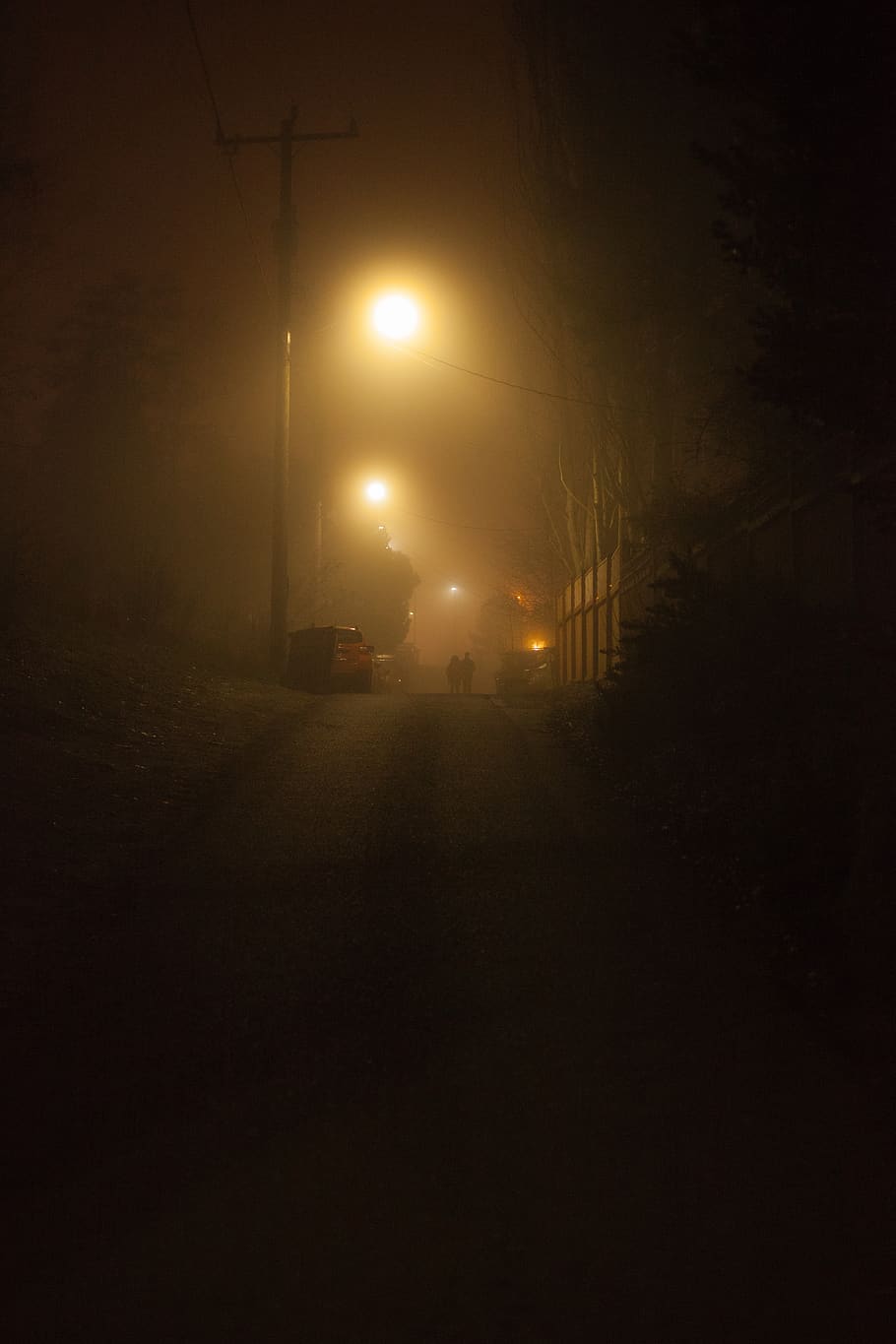 fog, seattle, walk, night, fremont, illuminated, street light HD wallpaper