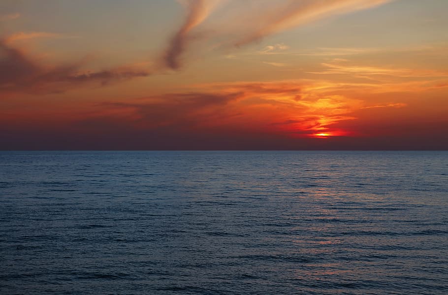 sky, sea, hill, warm, view, over, blue, photo, coast, night HD wallpaper