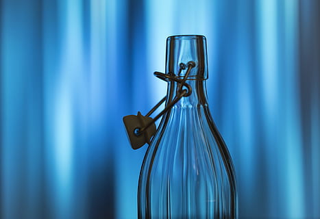 Clear Glass Bottle, art, background, blue, blur, close-up, color HD wallpaper