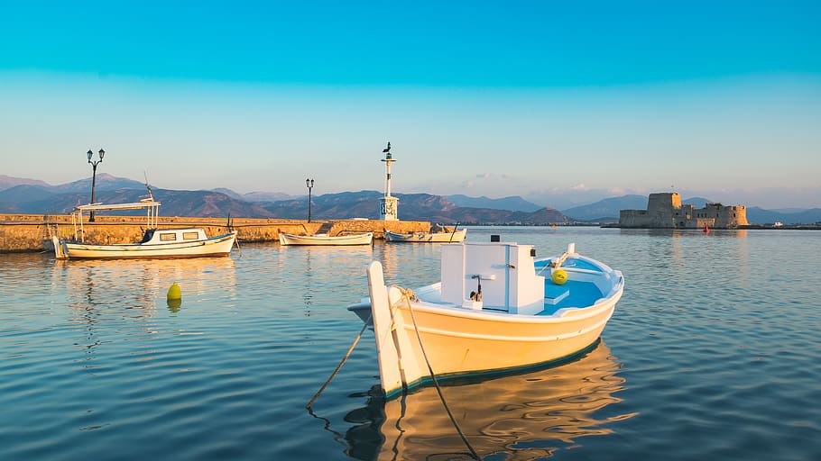 holiday, greece, nafplio, péloponnese, boat, sea, golden hour, HD wallpaper