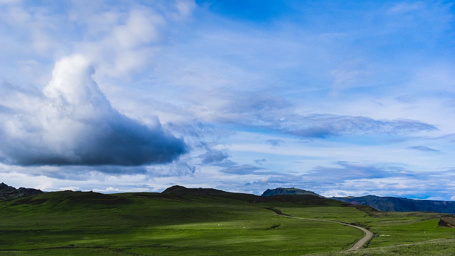iceland, landscape, clouds, cloudscape, field, view, sky, skyscape HD wallpaper