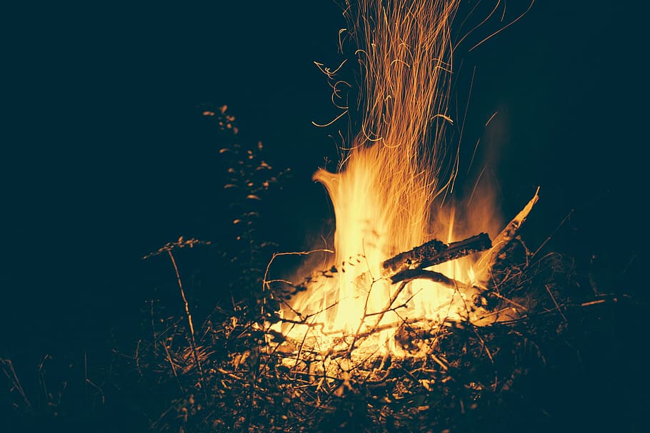 Bon Fire, blaze, bonfire, burn, campfire, dark, flames, heat HD wallpaper