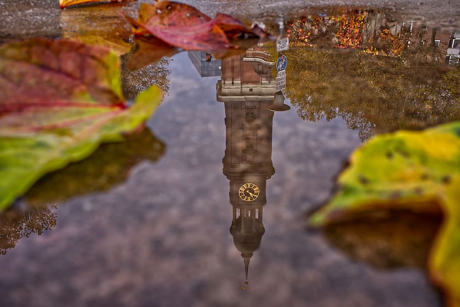 clock tower reflecting on water, nature, religion, architecture HD wallpaper