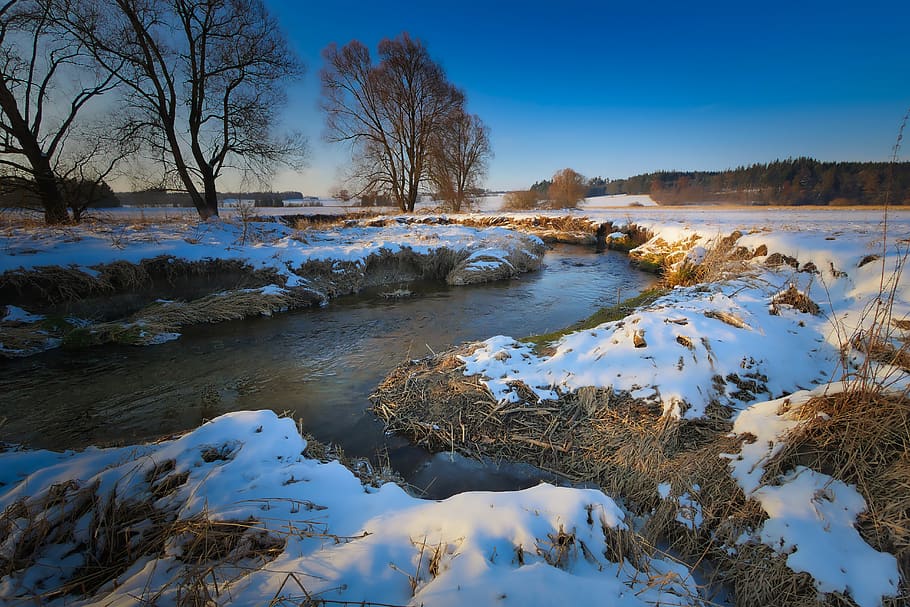 nature, tree, snow, winter, waters, bach, river landscape, sky-stafford HD wallpaper