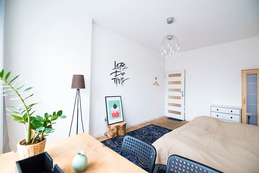 bed, table, interior, plant, lampshade, frame, design, bedroom HD wallpaper