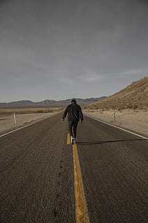 man walking on road, tarmac, asphalt, highway, person, human HD wallpaper