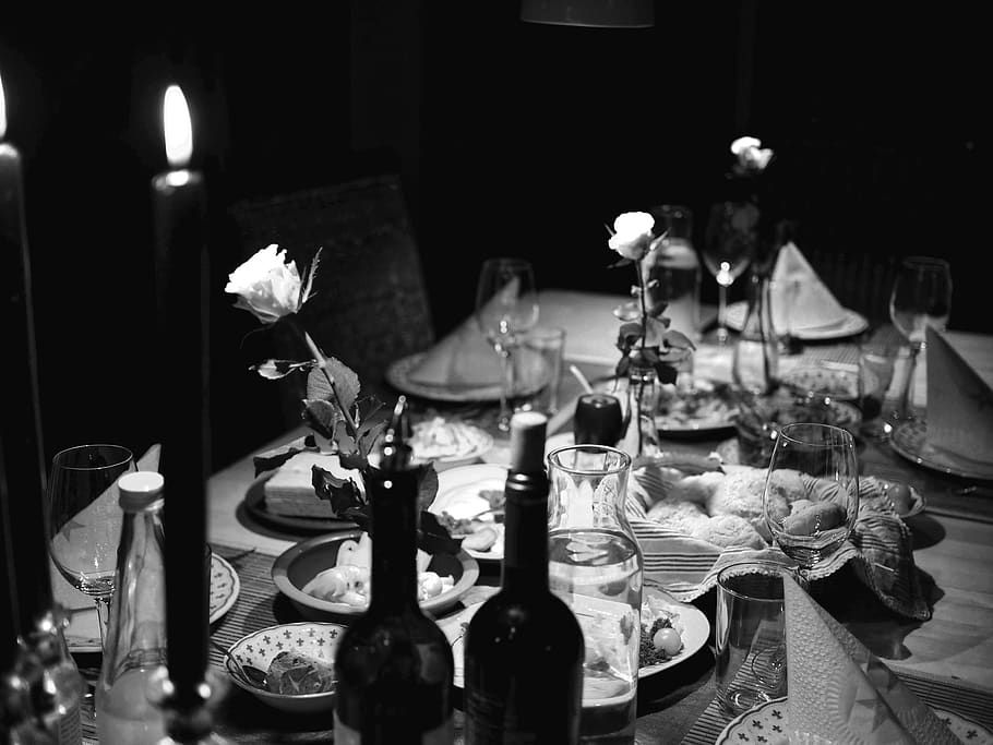 grayscale photo of cooked foods on table, wine, beverage, drink, HD wallpaper
